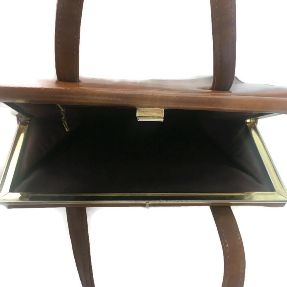 Vintage Brown Tan Handbag Brass Frame Purse Top Clasp - Picture 6 of 8